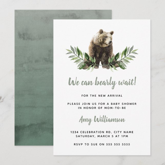 We Can Bearly Wait Watercolor Woodland Baby Shower Invitation (Front/Back)