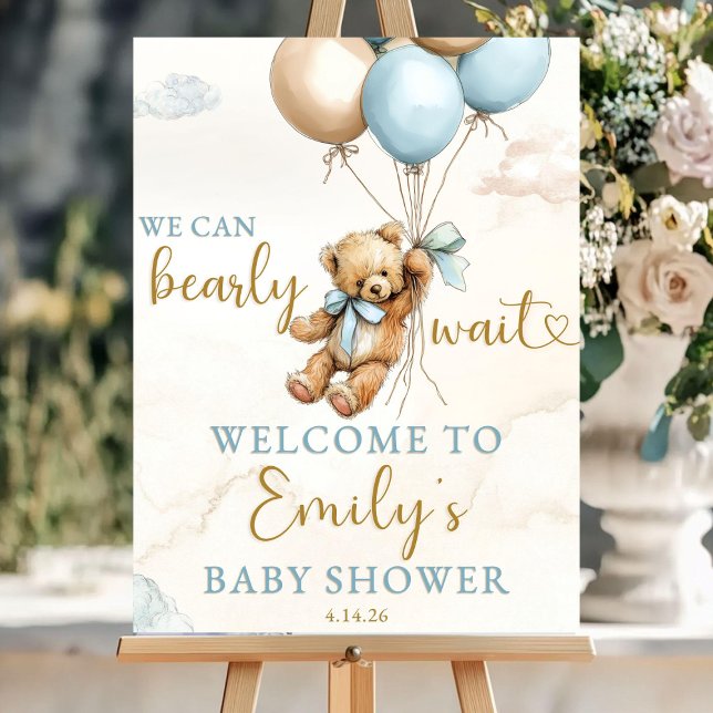 We Can Bearly Wait Welcome Sign Blue Brown Teddy (Creator Uploaded)
