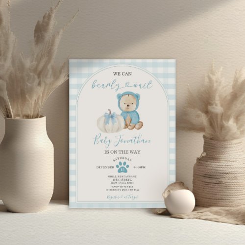 We Can Bearly Wait White Blue Gingham Baby Shower Invitation