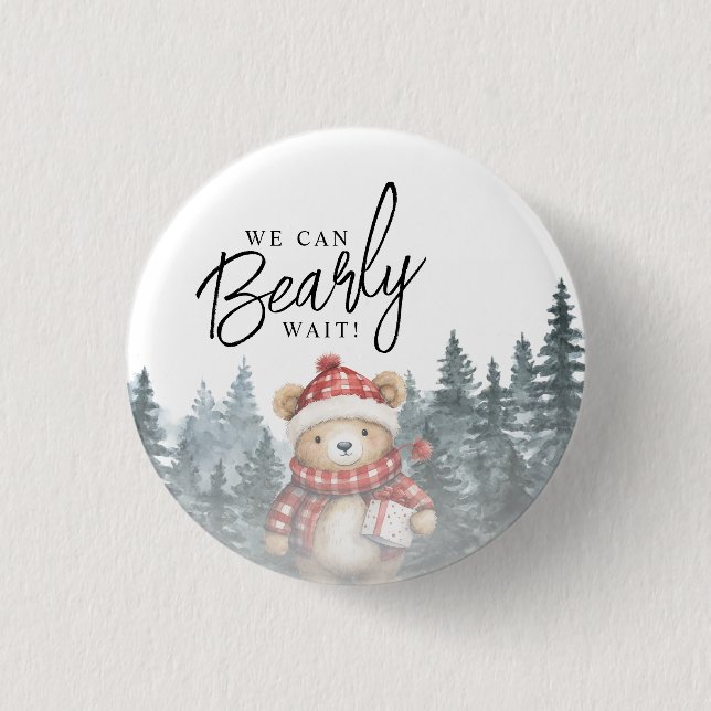 We Can Bearly Wait Winter Baby Shower Button (Front)