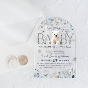 We Can Bearly Wait Winter Bear Baby Boy Shower Acrylic Invitations