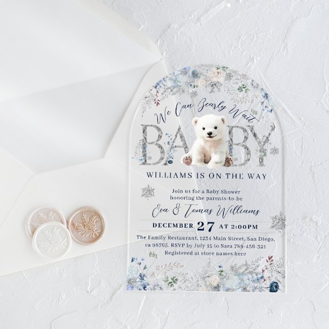 We Can Bearly Wait Winter Bear Baby Boy Shower Acrylic Invitations (Creator Uploaded)