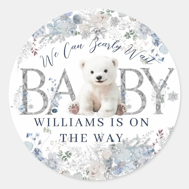We Can Bearly Wait Winter Bear Baby Boy Shower Classic Round Sticker (Front)