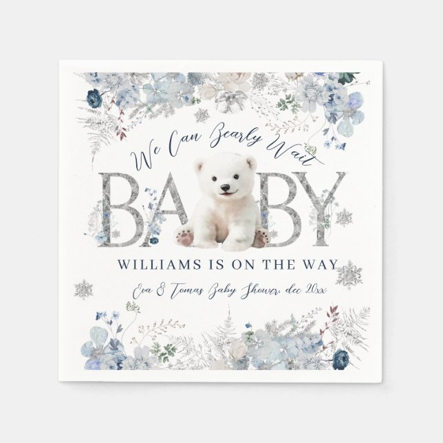 We Can Bearly Wait Winter Bear Baby Boy Shower Napkins (Front)