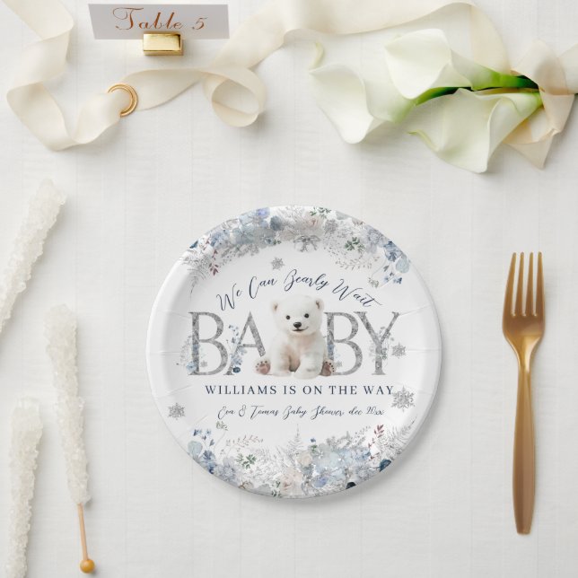 We Can Bearly Wait Winter Bear Baby Boy Shower Paper Plates (Wedding)