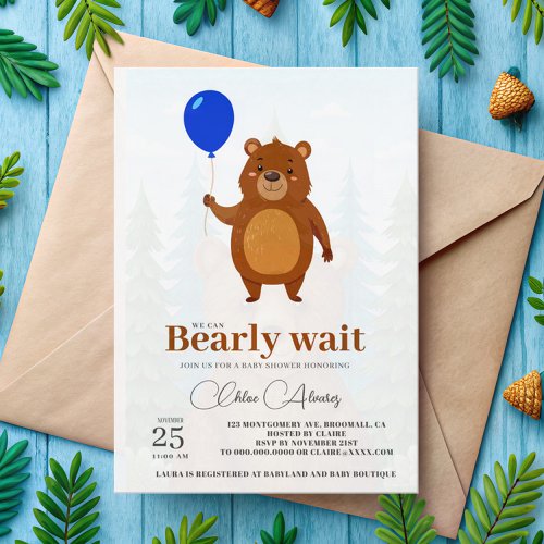 We Can Bearly Wait Wood Teddy Bear Baby Shower Invitation