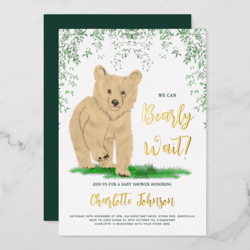 We Can Bearly Wait Woodland Bear Gold Foil Invitation