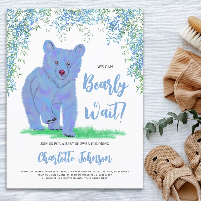 We Can Bearly Wait Woodland Blue Bear Invitation Postcard (We cam bearly wait cute blue bear watercolor baby shower budget invitation postcard)