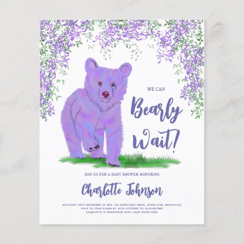 We Can Bearly Wait Woodland Floral Purple Bear Flyer