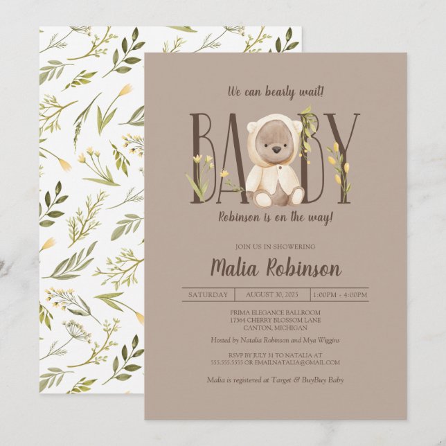 We Can Bearly Wait! Yellow Teddy Bear Baby Shower  Invitation (Front/Back)