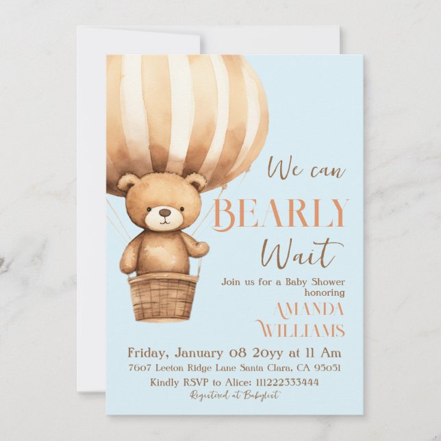 We Can Beary Wait Bear Blue Boy Baby Shower Invitation (Front)