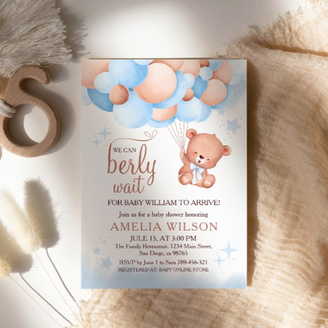 We Can Berly Wait Teddy Bear Balloons Blue Baby Invitation (Creator Uploaded)