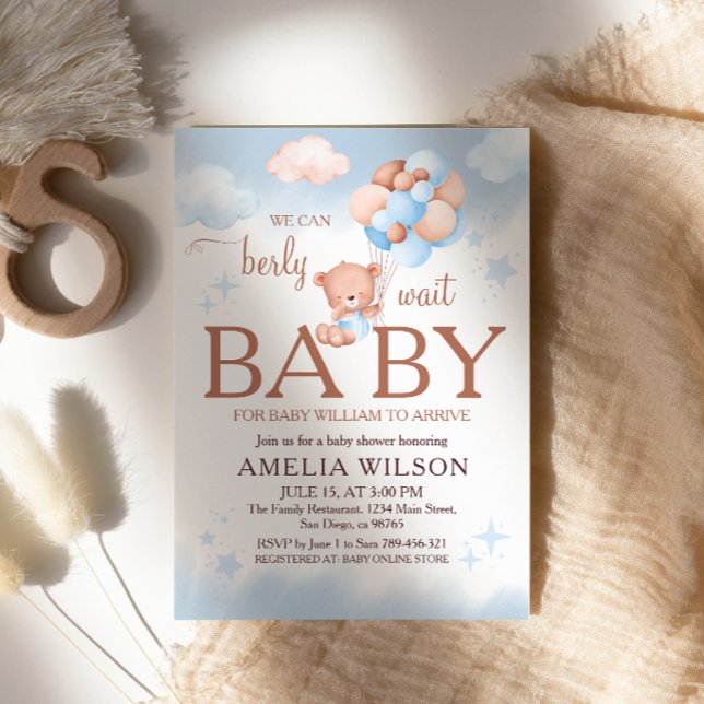 We Can Berly Wait Teddy Bear Blue Baby Shower Invitation (Creator Uploaded)