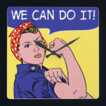 We Can Do It! Rosie the Riveter Pop Art Remix Square Wall Clock<br><div class="desc">Rosie the Riveter meets her match in a funky Licsteinien Ben-Day Dots-inspired remix. Roy Lichtenstein is best known for his dotted,  angst-filled comics featuring beautiful ladies in distress. This lady is FAR from being in distress,  though! Rosie is the ultimate symbol of GIRL POWER!</div>
