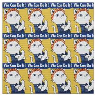 We Can Do It! White Cat Rosie the Riveter Fabric