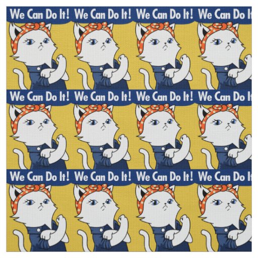 We Can Do It! White Cat Rosie the Riveter Fabric
