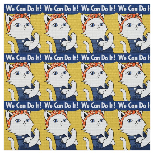 We Can Do It! White Cat Rosie the Riveter Fabric (Swatch)