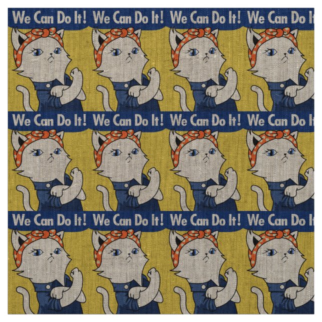 We Can Do It! White Cat Rosie the Riveter Fabric (Swatch)