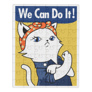 We Can Do It! White Cat Rosie the Riveter Jigsaw Puzzle