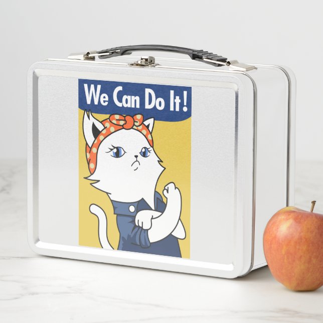 We Can Do It! White Cat Rosie the Riveter Metal Lunch Box (In Situ)