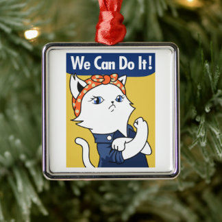 We Can Do It! White Cat Rosie the Riveter Metal Ornament