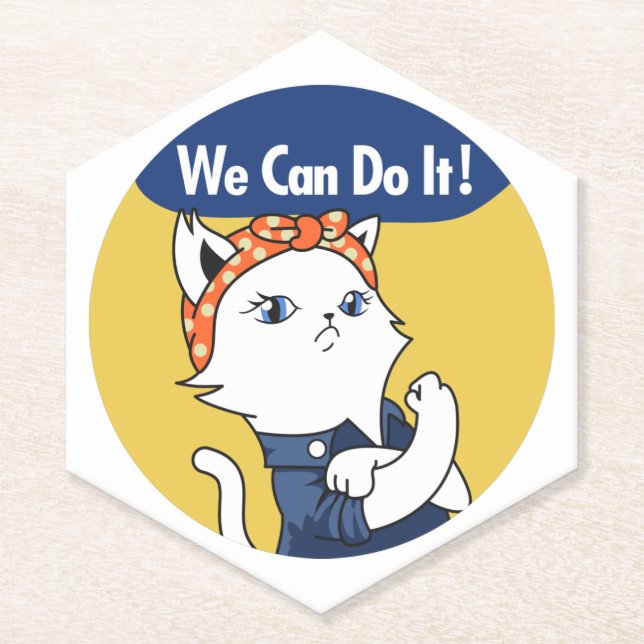 We Can Do It! White Cat Rosie the Riveter Paper Coaster (Front)
