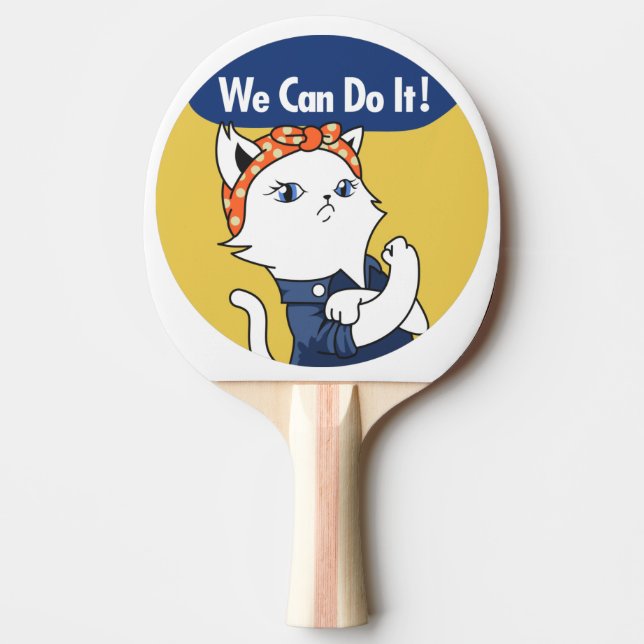 We Can Do It! White Cat Rosie the Riveter Ping Pong Paddle (Front)