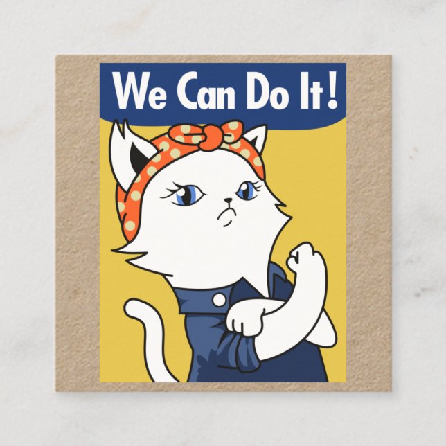 We Can Do It! White Cat Rosie the Riveter Square B Square Business Card (Front)