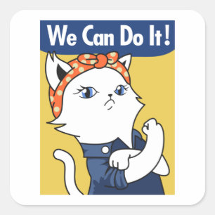 We Can Do It! White Cat Rosie the Riveter Square S Sticker