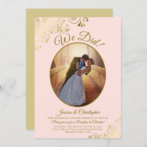 We Did Blush Pink  Gold Lace Wedding Reception Invitation