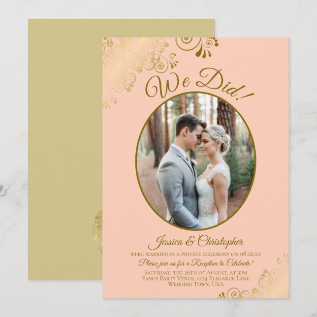 We Did! Coral Peach & Gold Lace Wedding Reception Invitation (Front/Back)
