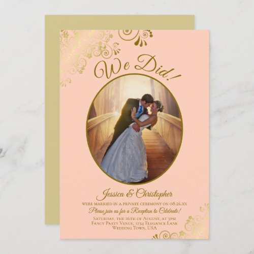 We Did Coral Peach  Gold Lace Wedding Reception Invitation