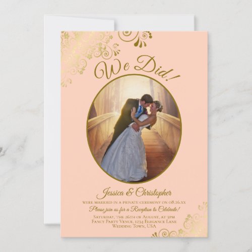 We Did Coral Peach  Gold Lace Wedding Reception Invitation