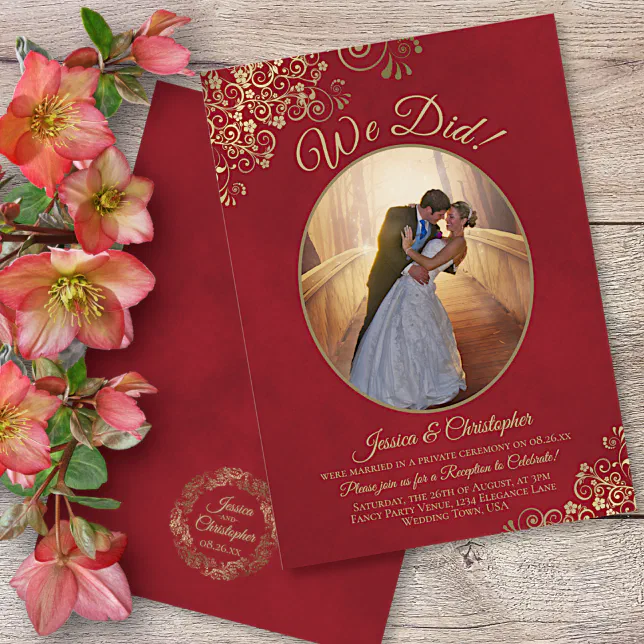 We Did! Gold Curls Crimson Red Wedding Reception Invitation

