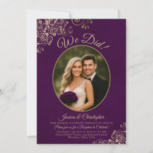 We Did! Gold Curls Plum Purple Wedding Reception Invitation