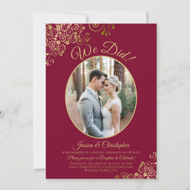 We Did! Gold Lace on Burgundy Wedding Reception Invitation (Front)