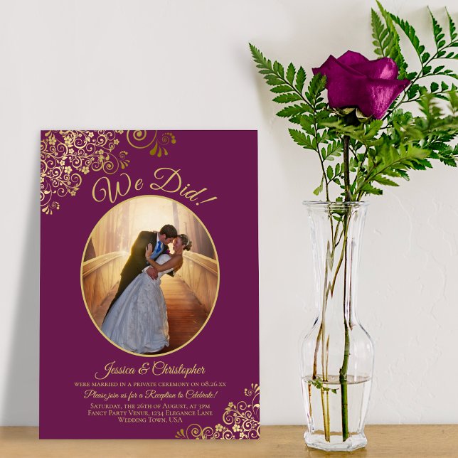 We Did! Gold Lace on Magenta Wedding Reception Invitation (Creator Uploaded)