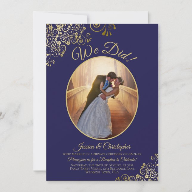 We Did! Gold Lace on Navy Blue Wedding Reception Invitation (Front)