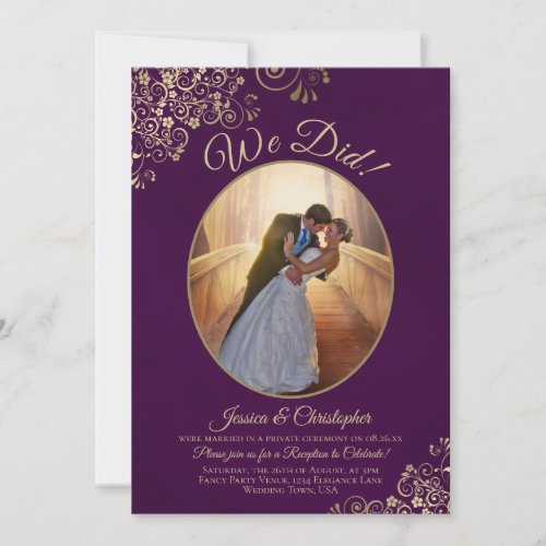 We Did Gold Lace on Plum Purple Wedding Reception Invitation