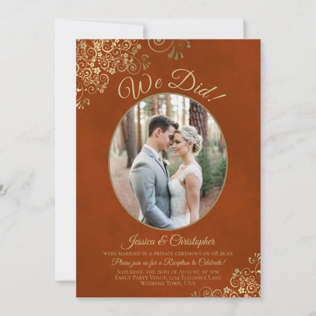 We Did! Gold Lace on Rust Orange Wedding Reception Invitation (Front)