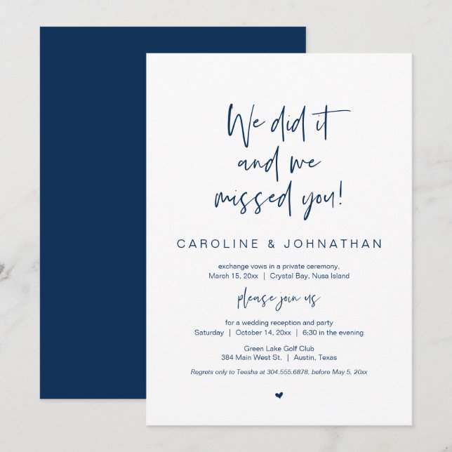 We did it, missed you, Navy Blue, Elopement Party Invitation (Front/Back)
