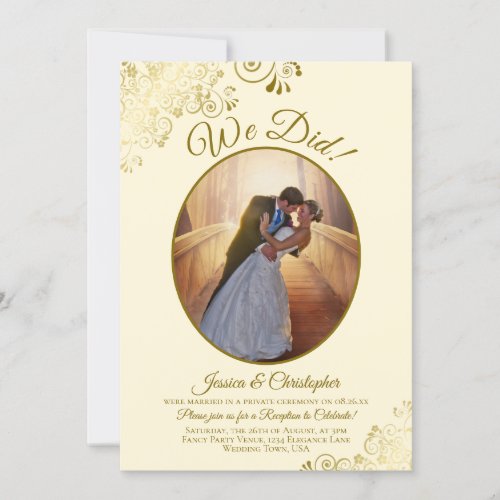 We Did Ivory Cream  Gold Lace Wedding Reception Invitation