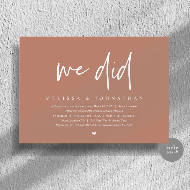 We Did, Wedding Elopement Party, Modern Minimalist Invitation (We Did, Wedding Elopement Dinner Invitation Card, PDF, Modern Minimalist, in Earthy Terracotta Brown)