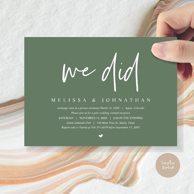 We Did, Wedding Elopement Party, Modern Minimalist Invitation (We Did, Wedding Elopement Dinner Invitation Card, PDF, Modern Minimalist, in Forest Sage Green)