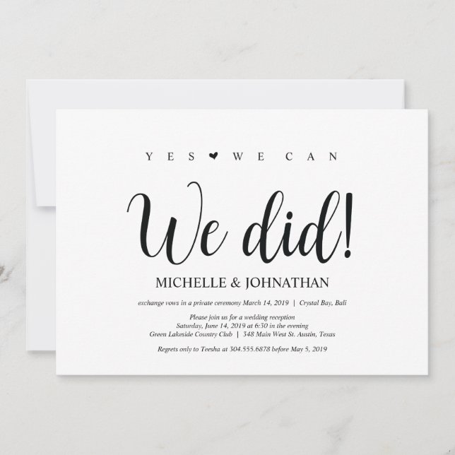 We did, Wedding Elopement Reception Invites (Front)