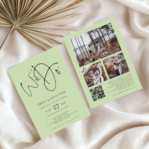 We Do 3 photos QR Code Lime Cream Green Wedding  I Invitation