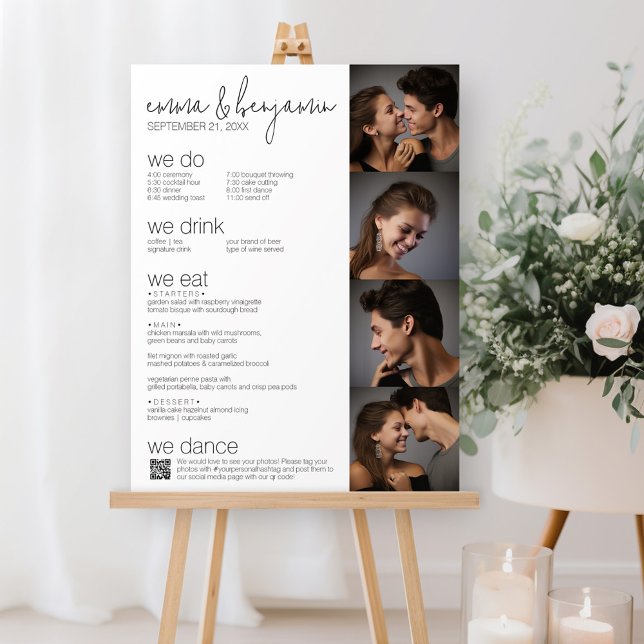 We Do - All In One BW - QR - 4 Photos - Wedding Foam Board (Personalized wedding program sign - modern 4 photo - black and white script)