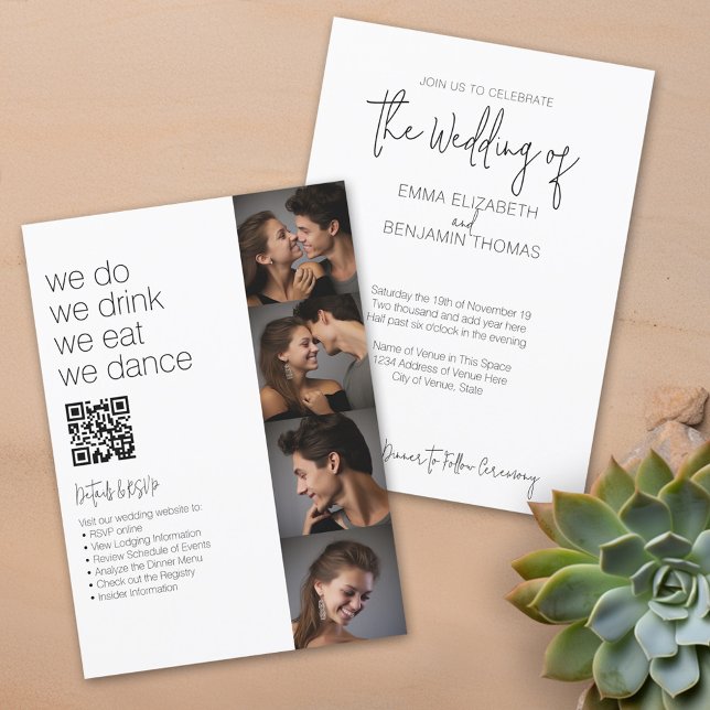 We Do All In One BW - QR - 4 Photos - Wedding Invitation (We Do, We Drink, We Eat, We Dance - Fun casual wedding invitation with photos and qr code)