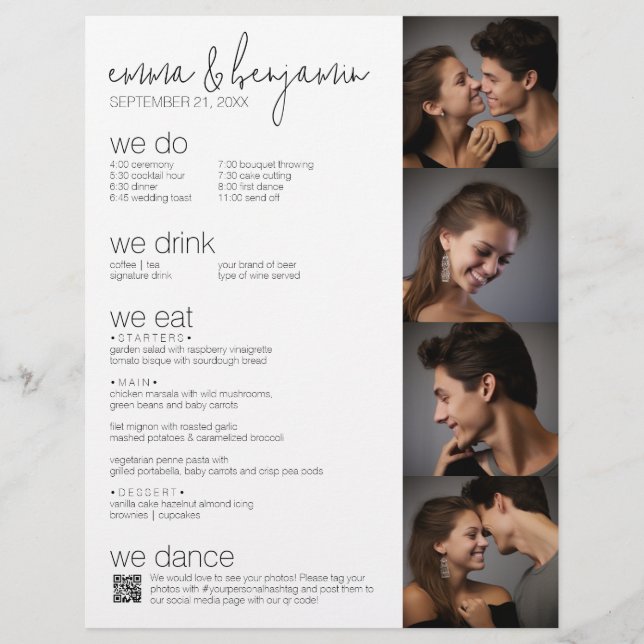 We Do - All In One BW - QR - 5 Photo Wedding Menu Letterhead (Front)