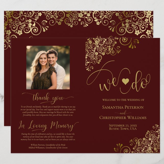 We Do Auburn Brown & Gold DIY Fold Wedding Program (Front/Back)
